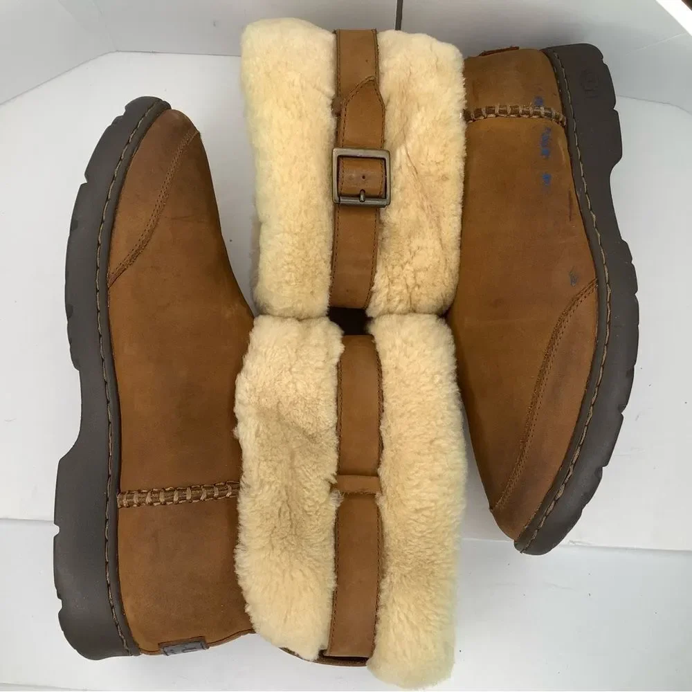 UGG Brielle Nubuck Brown Chestnut Shearling Leather Women Mid Calf Boots Sz 10